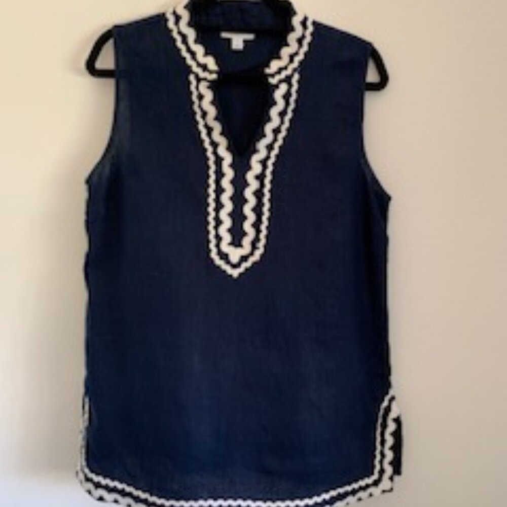 Summer Navy Linen Tunic w/ Rick-Rack Trim_ Size M